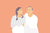 painting of a women and man in white with an orange background