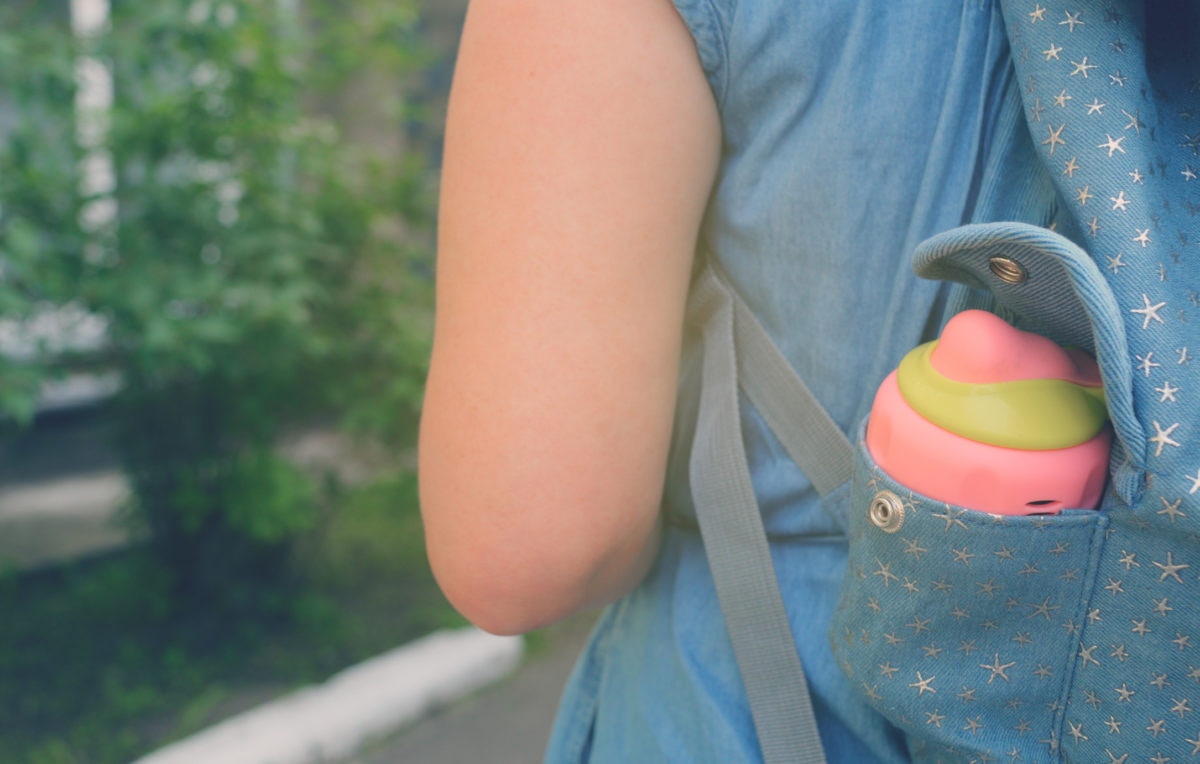 Water bottle on a children's bag