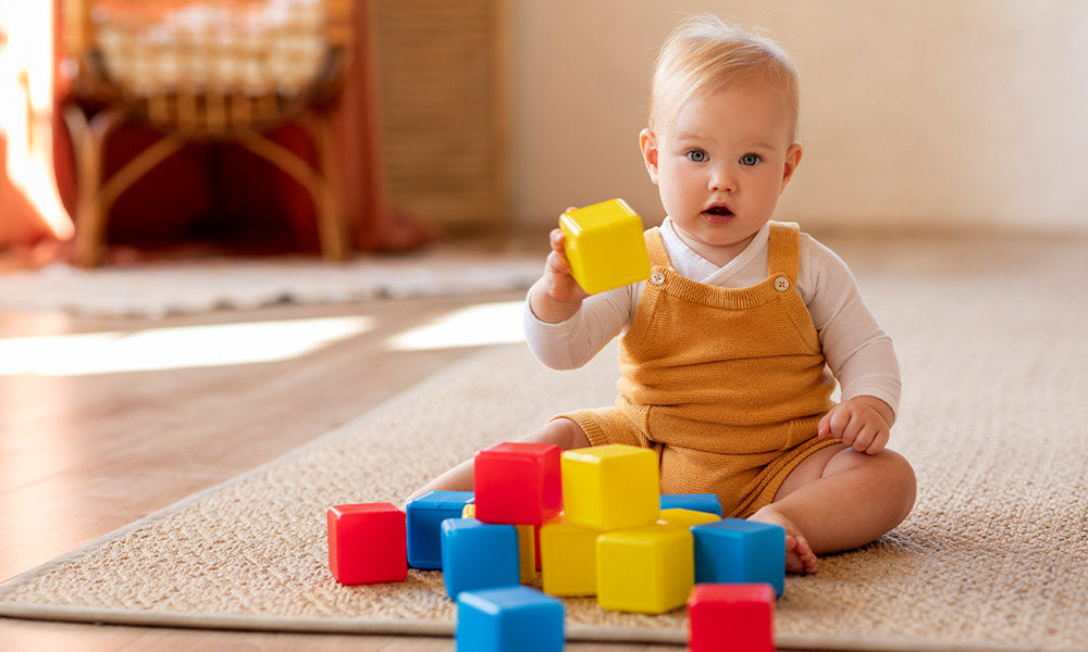 baby playing with colorful building blocks